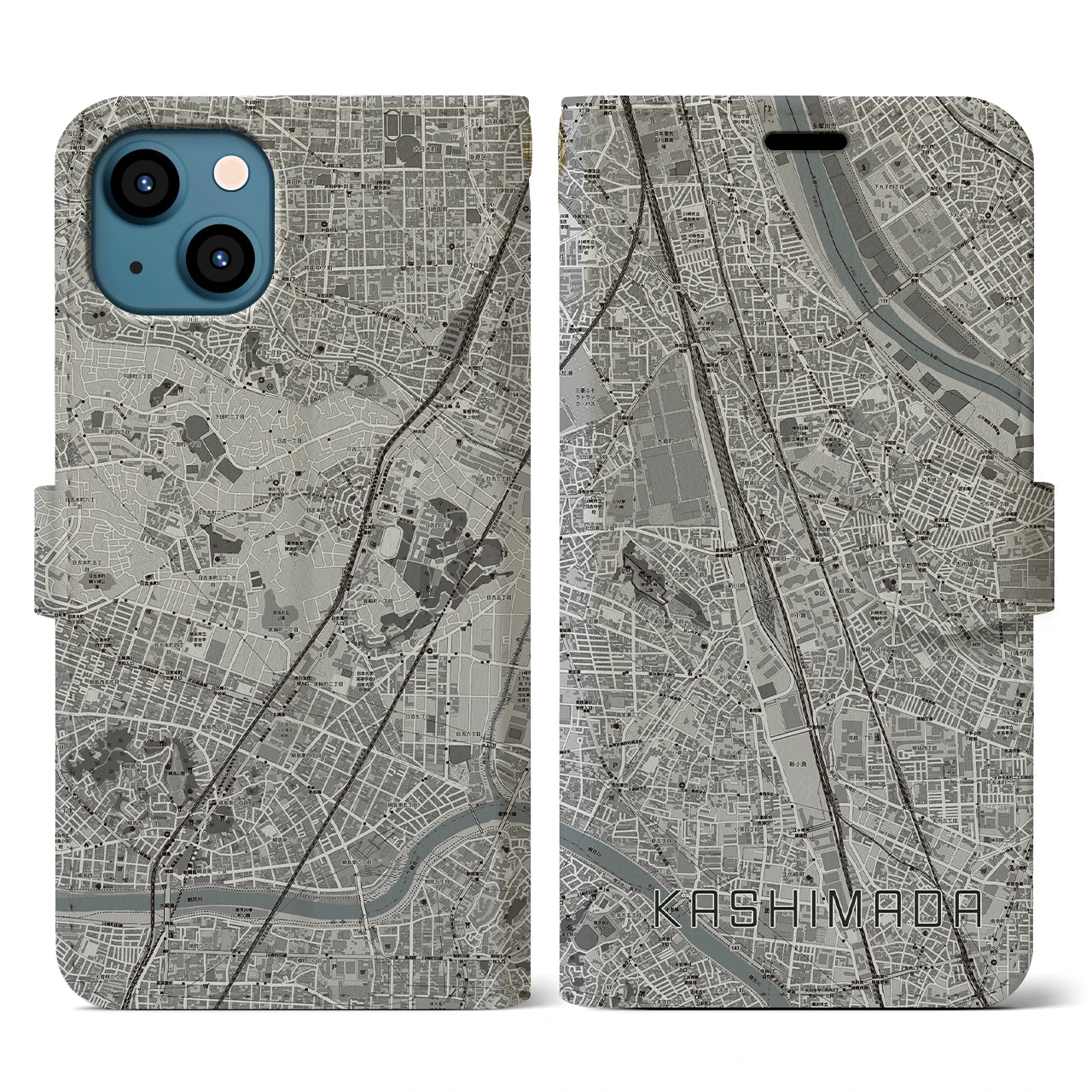 【鹿島田(神奈川県)】地図柄iPhoneケース(手帳タイプ)モノトーン・iPhone 13 用