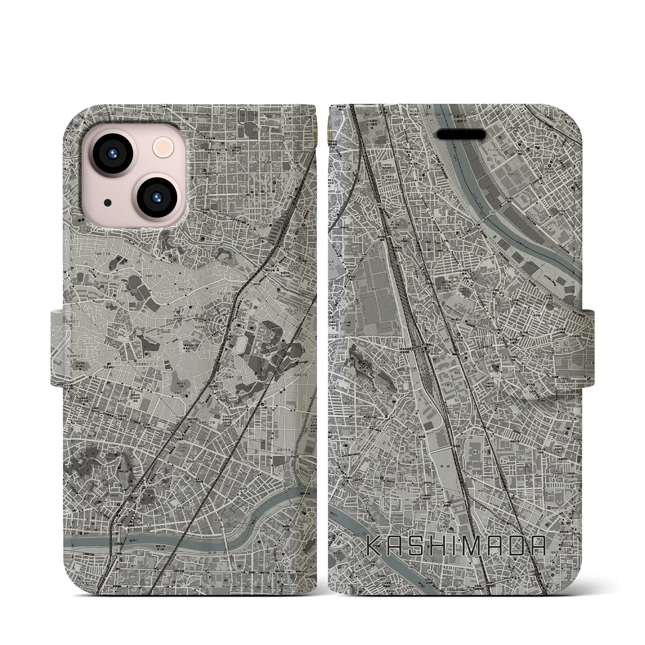 【鹿島田(神奈川県)】地図柄iPhoneケース(手帳タイプ)モノトーン・iPhone 13 mini 用