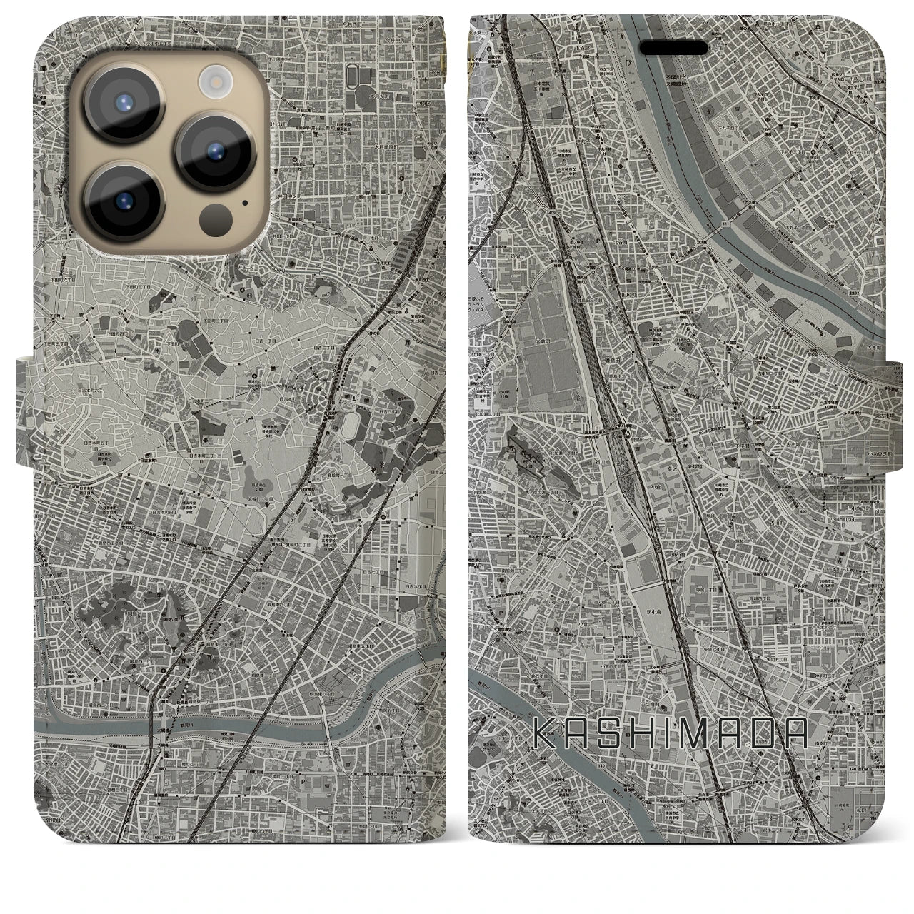 【鹿島田(神奈川県)】地図柄iPhoneケース(手帳タイプ)モノトーン・iPhone 14 Pro Max 用