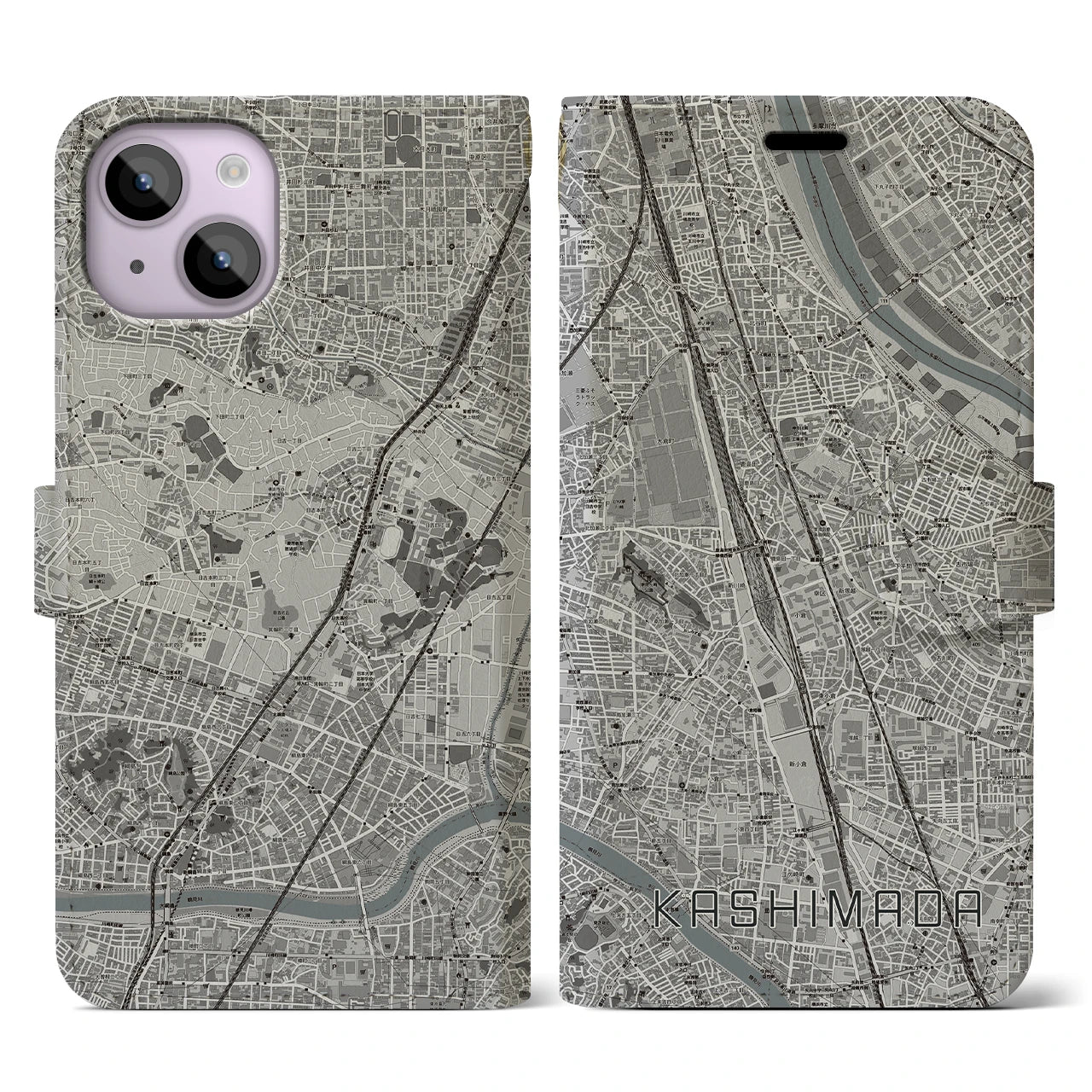 【鹿島田(神奈川県)】地図柄iPhoneケース(手帳タイプ)モノトーン・iPhone 14 用