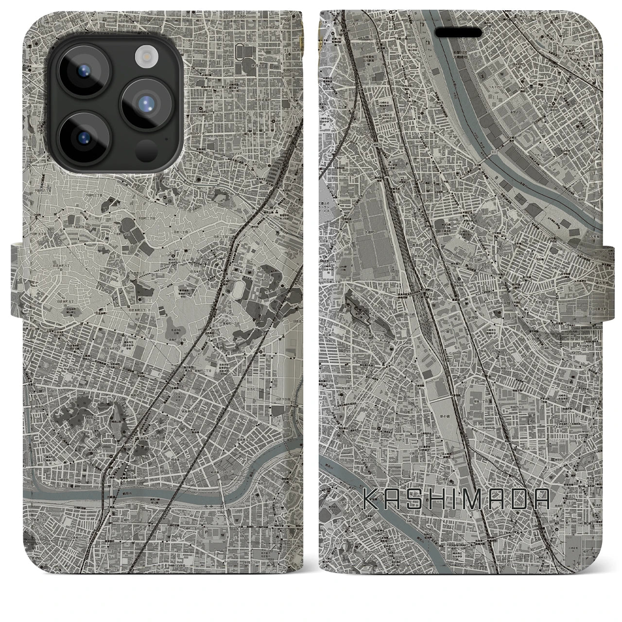 【鹿島田(神奈川県)】地図柄iPhoneケース(手帳タイプ)モノトーン・iPhone 15 Pro Max 用