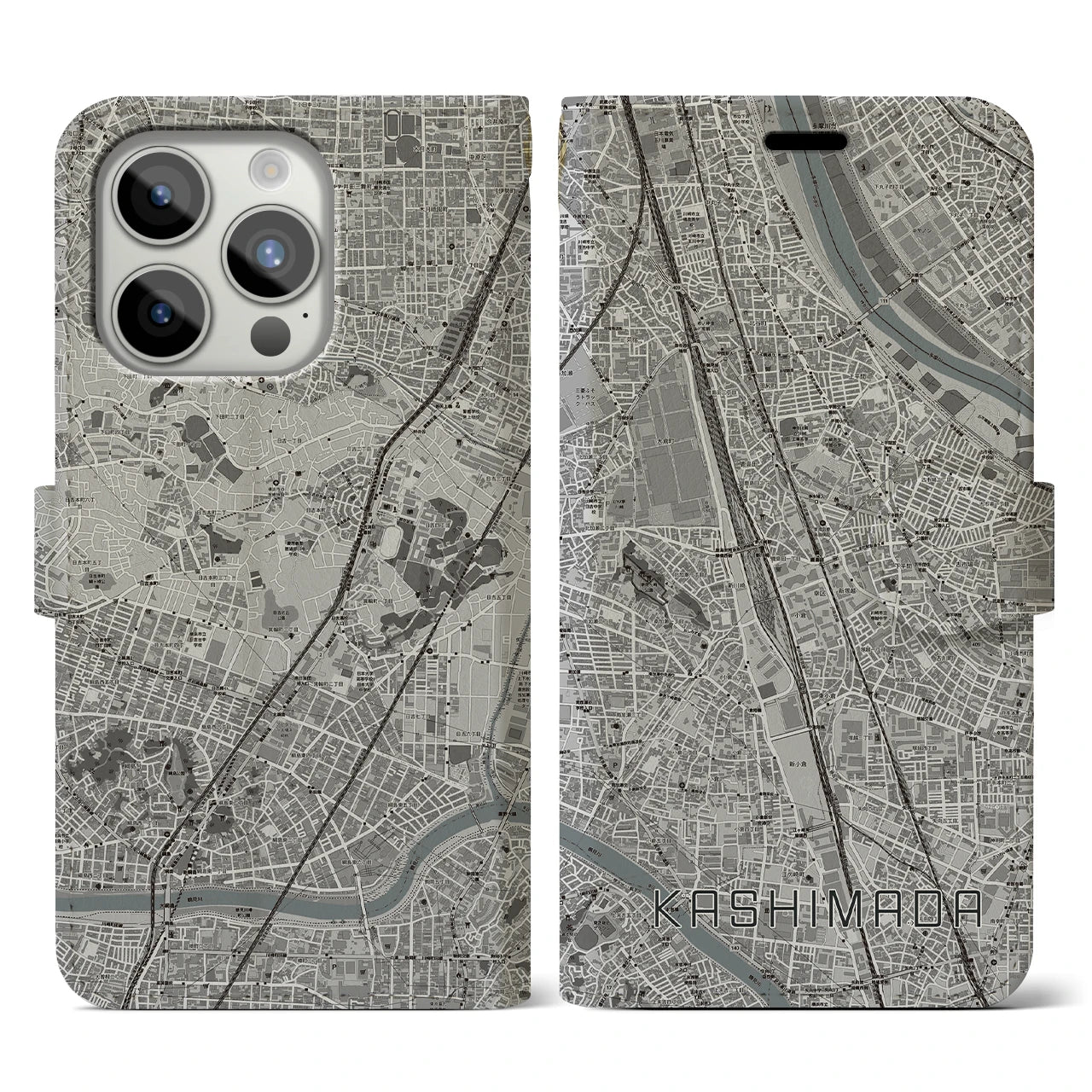 【鹿島田(神奈川県)】地図柄iPhoneケース(手帳タイプ)モノトーン・iPhone 15 Pro 用