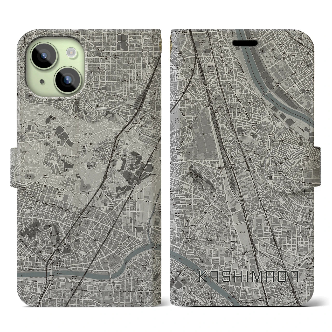 【鹿島田(神奈川県)】地図柄iPhoneケース(手帳タイプ)モノトーン・iPhone 15 用