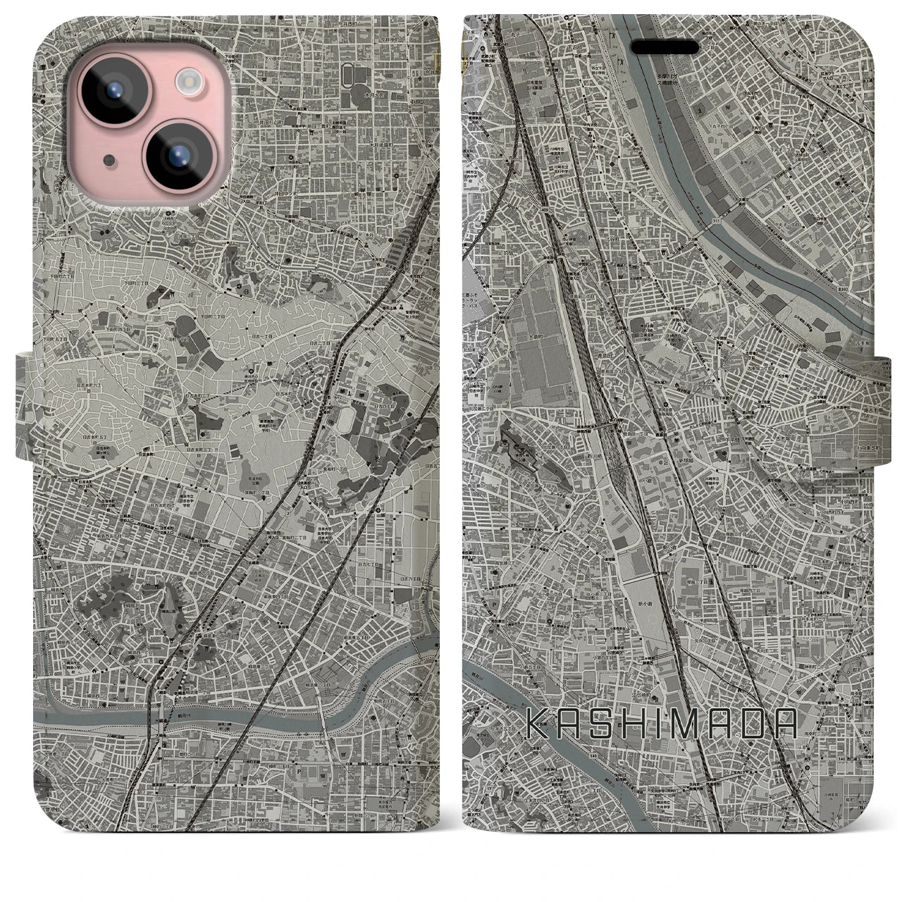【鹿島田(神奈川県)】地図柄iPhoneケース(手帳タイプ)モノトーン・iPhone 15 Plus 用