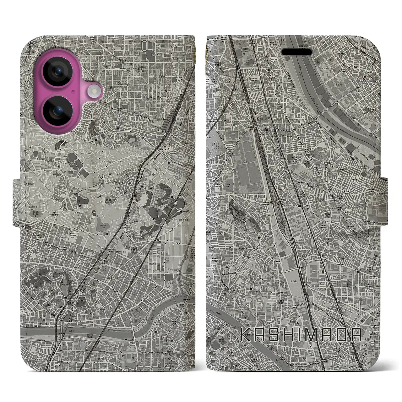 【鹿島田(神奈川県)】地図柄iPhoneケース(手帳タイプ)モノトーン・iPhone 16 Pro 用