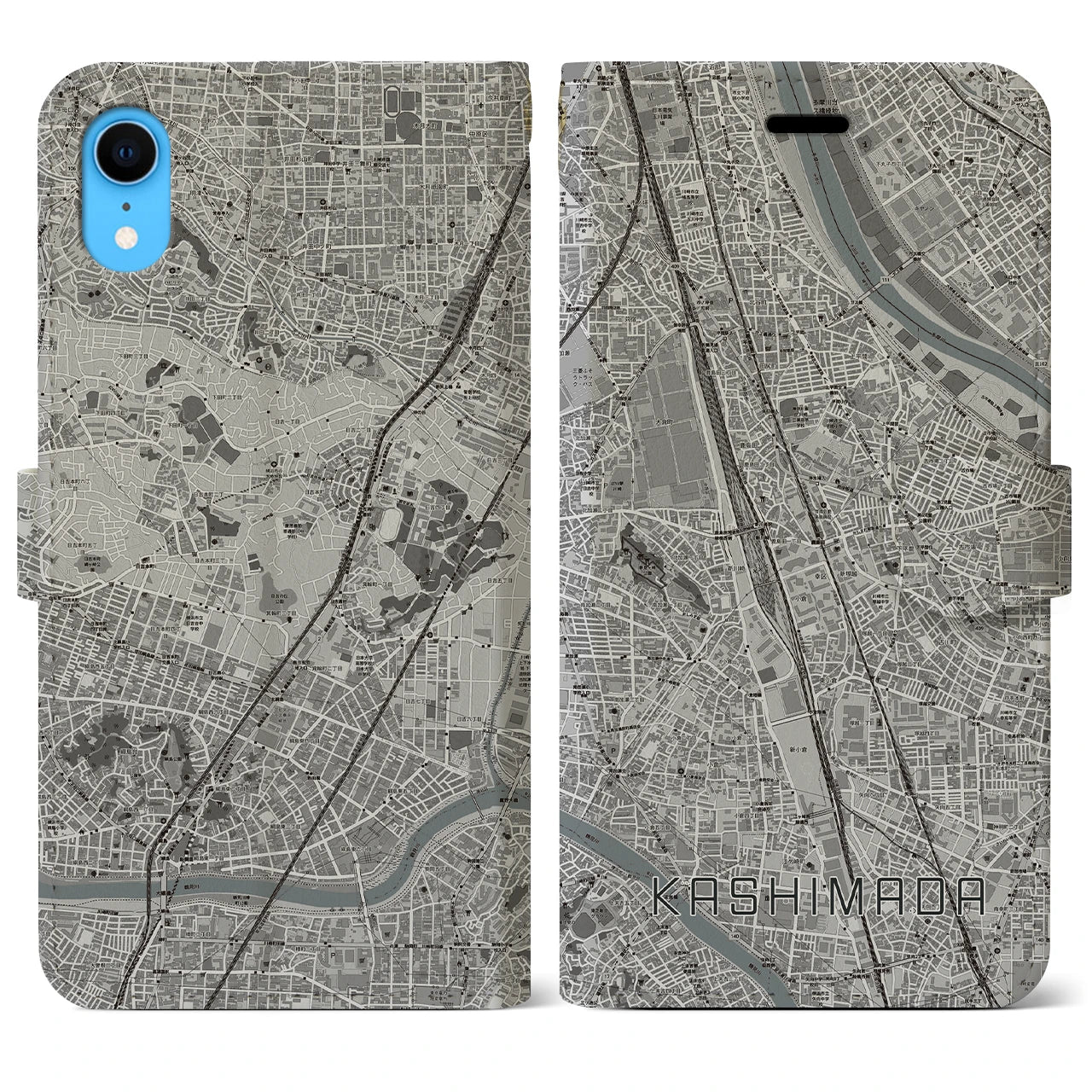 【鹿島田(神奈川県)】地図柄iPhoneケース(手帳タイプ)モノトーン・iPhone XR 用