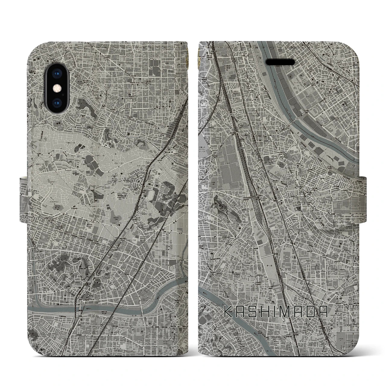 【鹿島田(神奈川県)】地図柄iPhoneケース(手帳タイプ)モノトーン・iPhone XS / X 用
