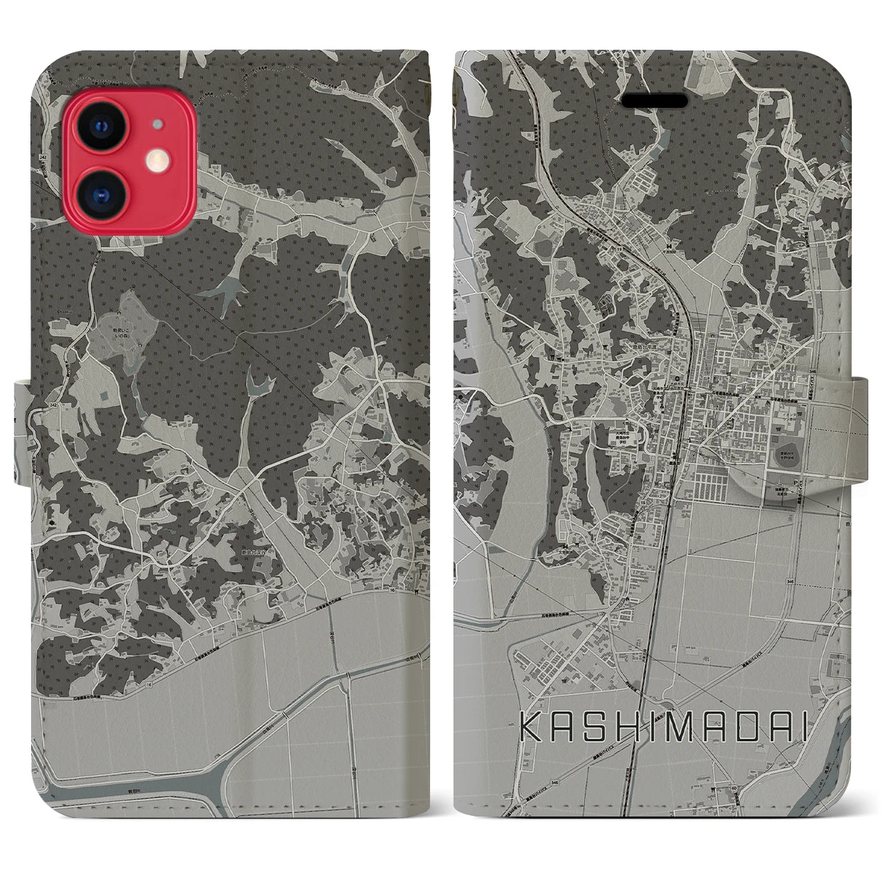 【鹿島台(宮城県)】地図柄iPhoneケース(手帳タイプ)モノトーン・iPhone 11 用
