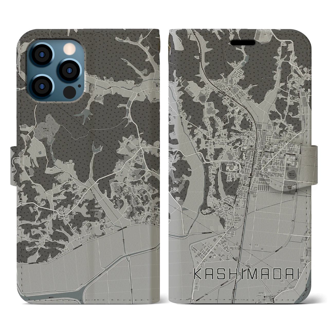 【鹿島台(宮城県)】地図柄iPhoneケース(手帳タイプ)モノトーン・iPhone 12 / 12 Pro 用