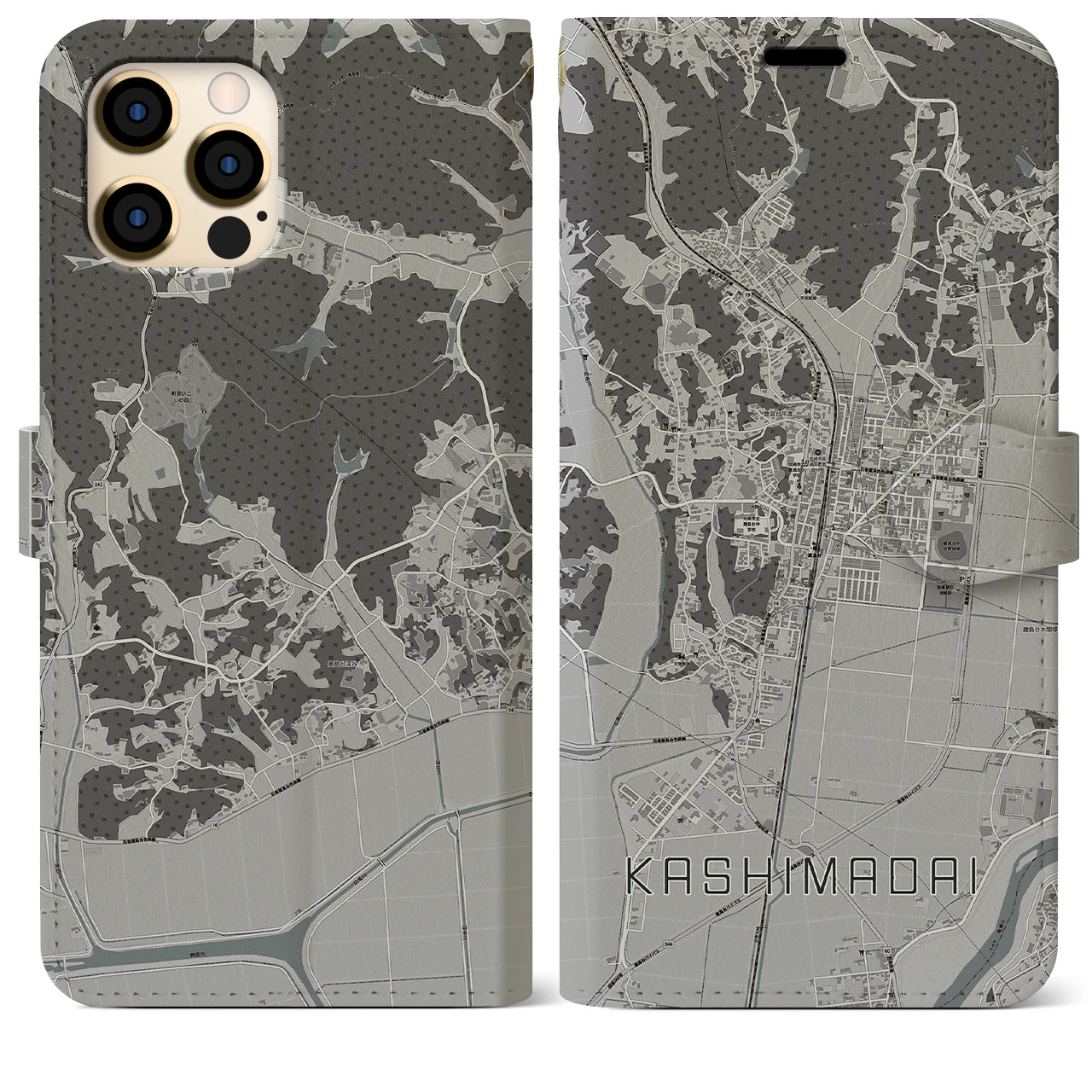 【鹿島台(宮城県)】地図柄iPhoneケース(手帳タイプ)モノトーン・iPhone 12 Pro Max 用