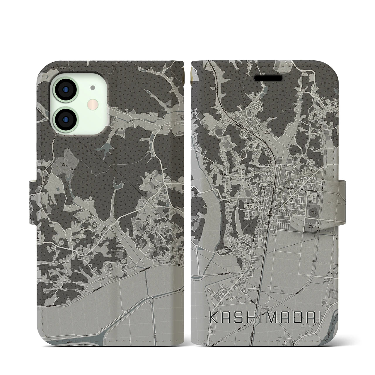 【鹿島台(宮城県)】地図柄iPhoneケース(手帳タイプ)モノトーン・iPhone 12 mini 用