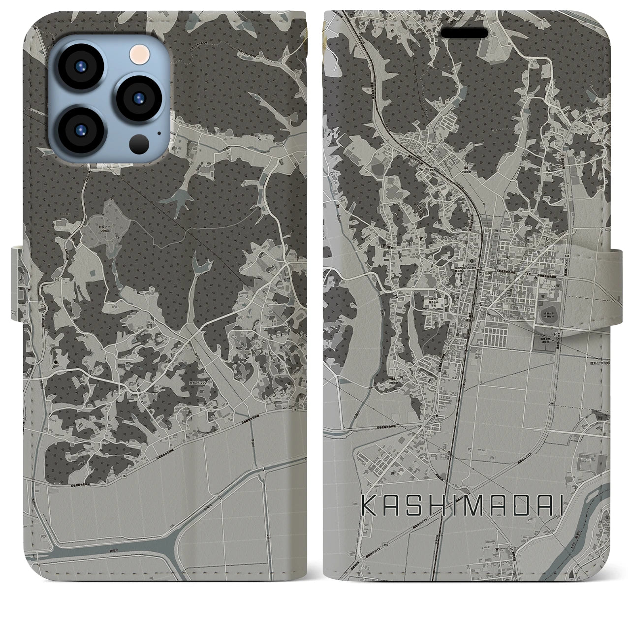 【鹿島台(宮城県)】地図柄iPhoneケース(手帳タイプ)モノトーン・iPhone 13 Pro Max 用