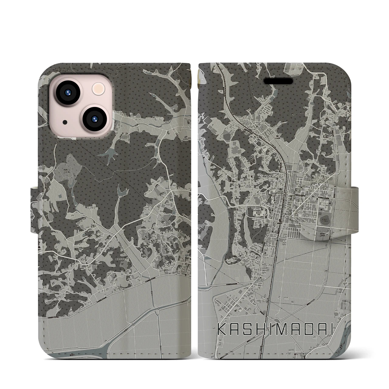 【鹿島台(宮城県)】地図柄iPhoneケース(手帳タイプ)モノトーン・iPhone 13 mini 用