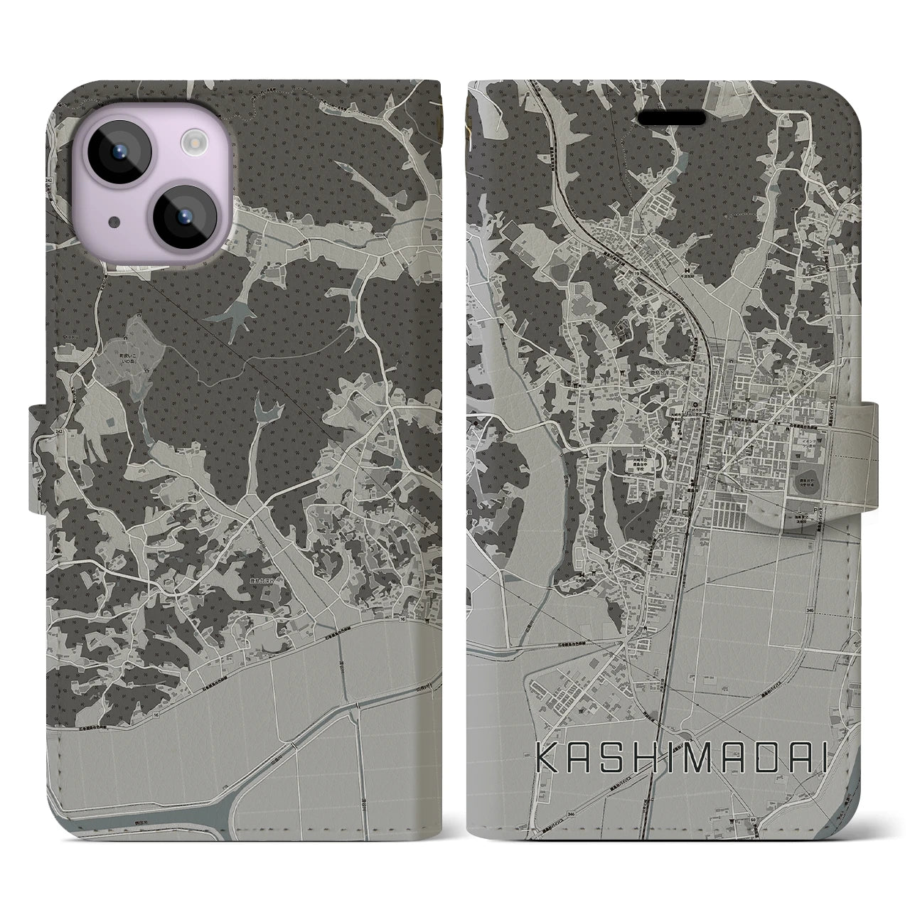 【鹿島台(宮城県)】地図柄iPhoneケース(手帳タイプ)モノトーン・iPhone 14 用