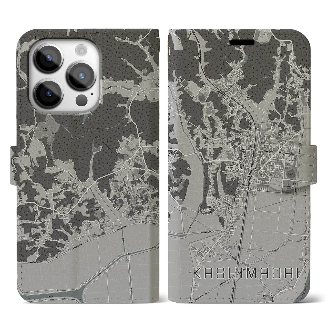 【鹿島台(宮城県)】地図柄iPhoneケース(手帳タイプ)モノトーン・iPhone 14 Pro 用