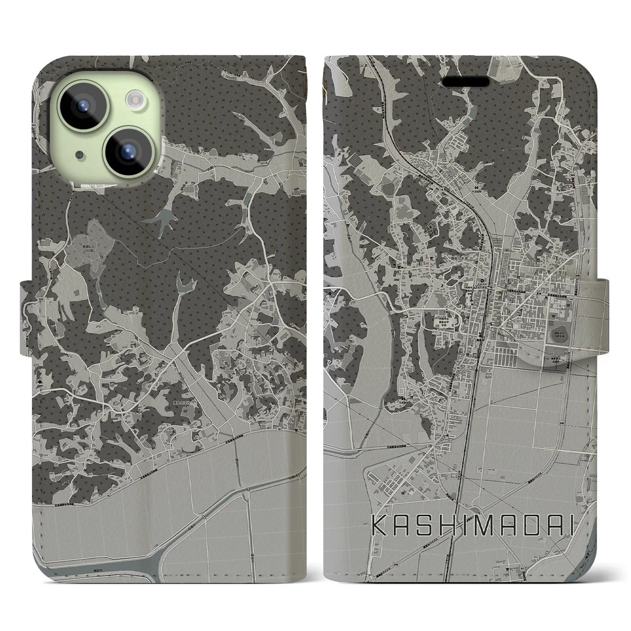 【鹿島台(宮城県)】地図柄iPhoneケース(手帳タイプ)モノトーン・iPhone 15 用