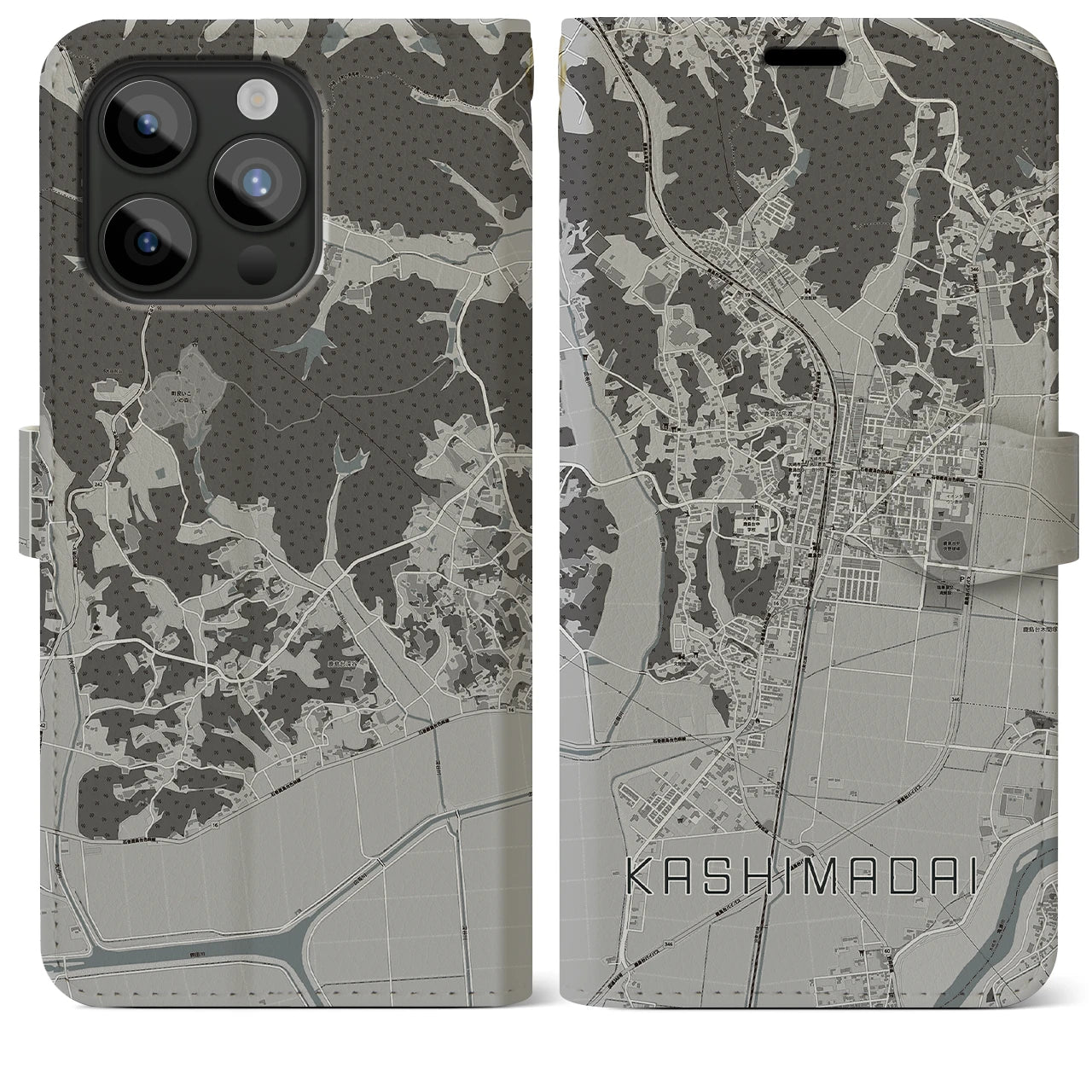 【鹿島台(宮城県)】地図柄iPhoneケース(手帳タイプ)モノトーン・iPhone 15 Pro Max 用
