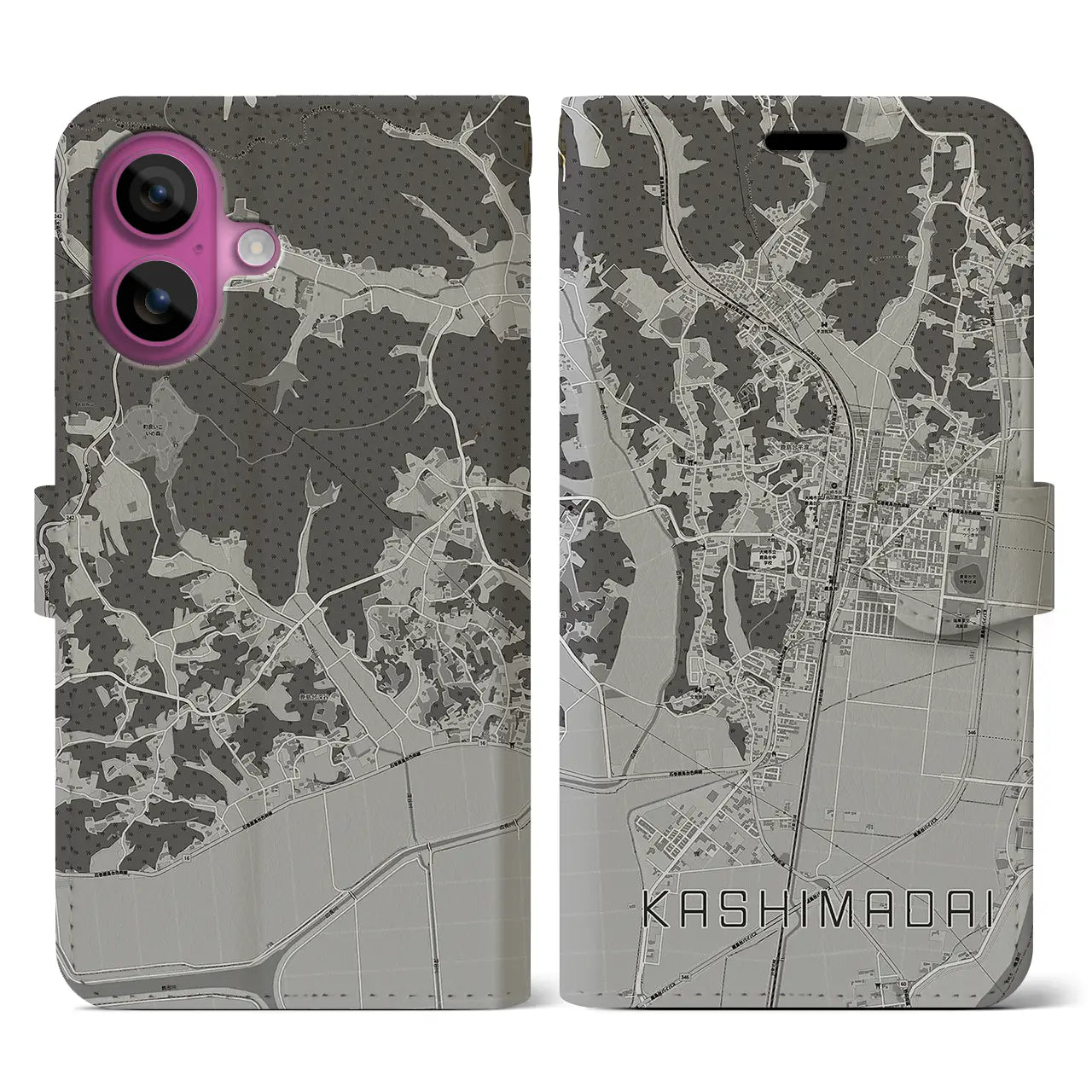 【鹿島台(宮城県)】地図柄iPhoneケース(手帳タイプ)モノトーン・iPhone 16 Pro 用