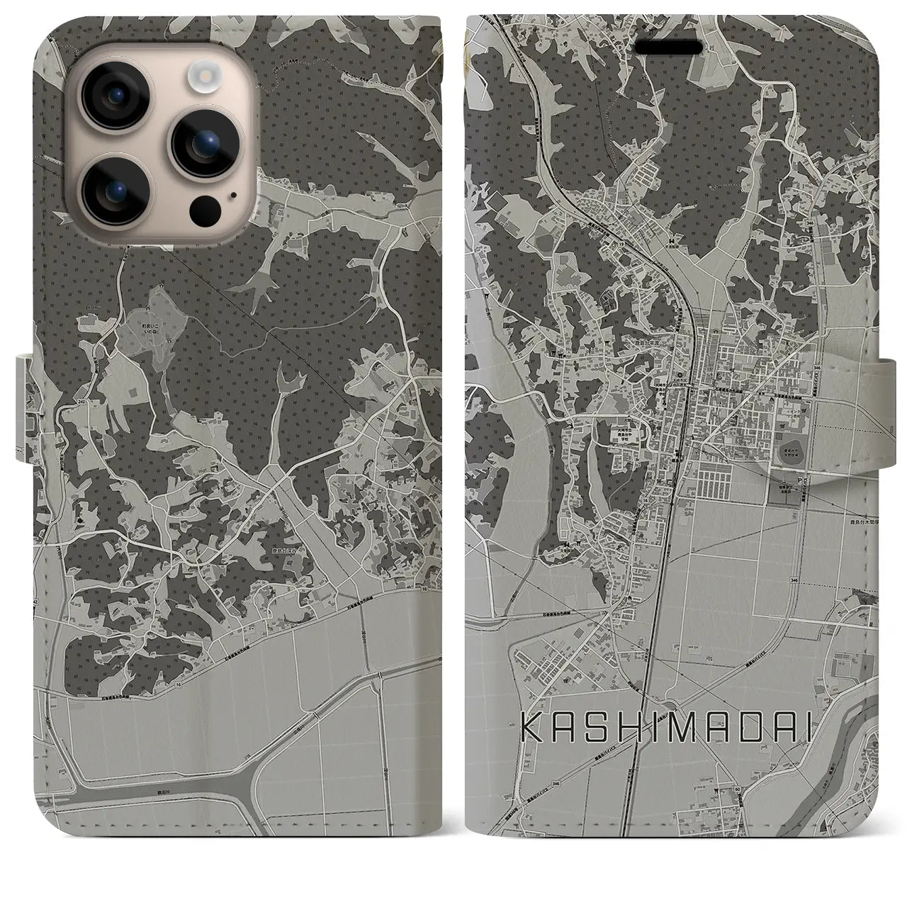 【鹿島台(宮城県)】地図柄iPhoneケース(手帳タイプ)モノトーン・iPhone 16 Plus 用