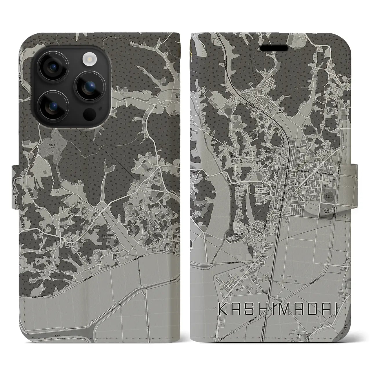【鹿島台(宮城県)】地図柄iPhoneケース(手帳タイプ)モノトーン・iPhone 16 用