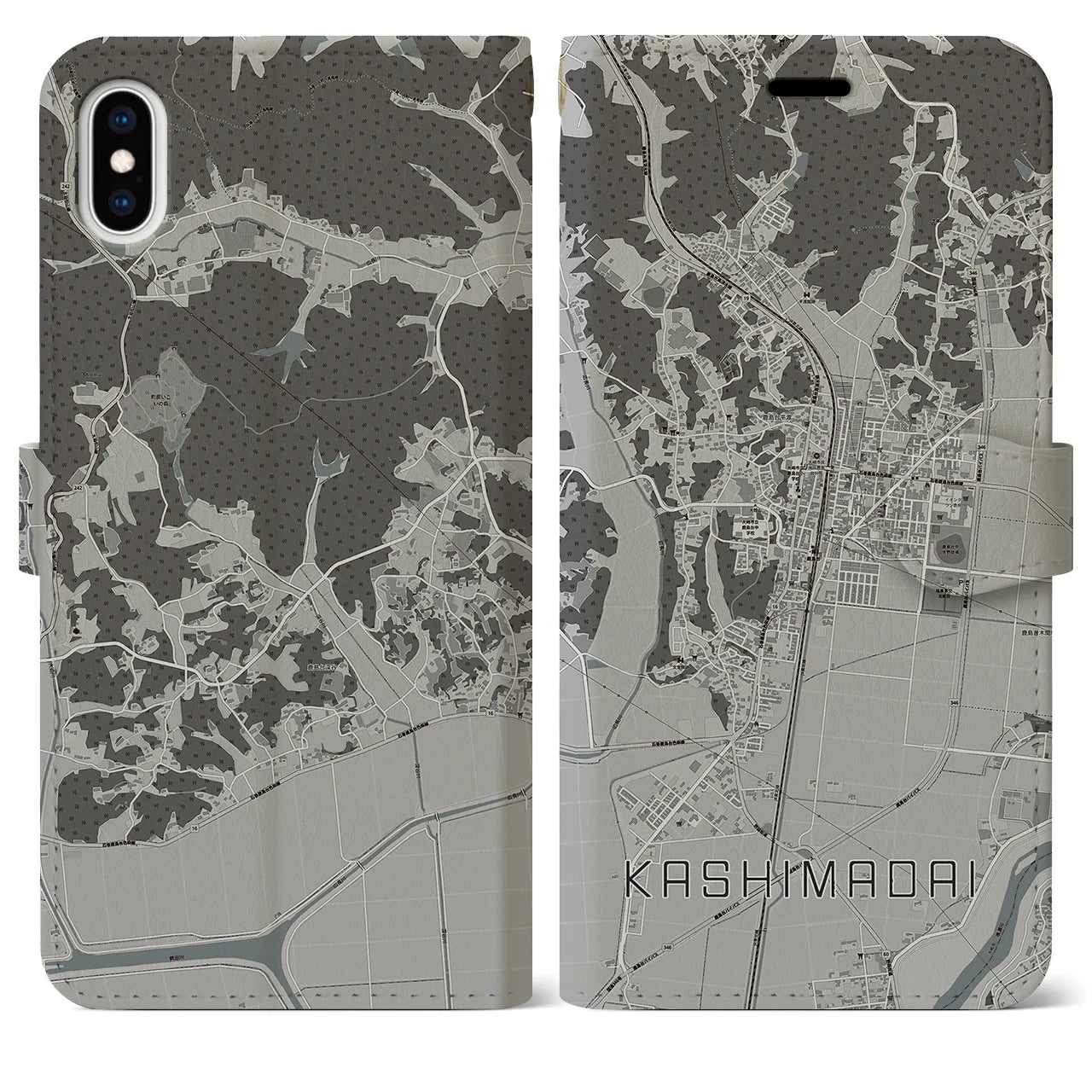 【鹿島台(宮城県)】地図柄iPhoneケース(手帳タイプ)モノトーン・iPhone XS Max 用
