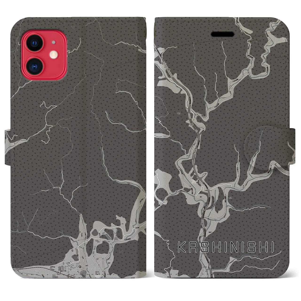 【樫西(岡山県)】地図柄iPhoneケース(手帳タイプ)モノトーン・iPhone 11 用