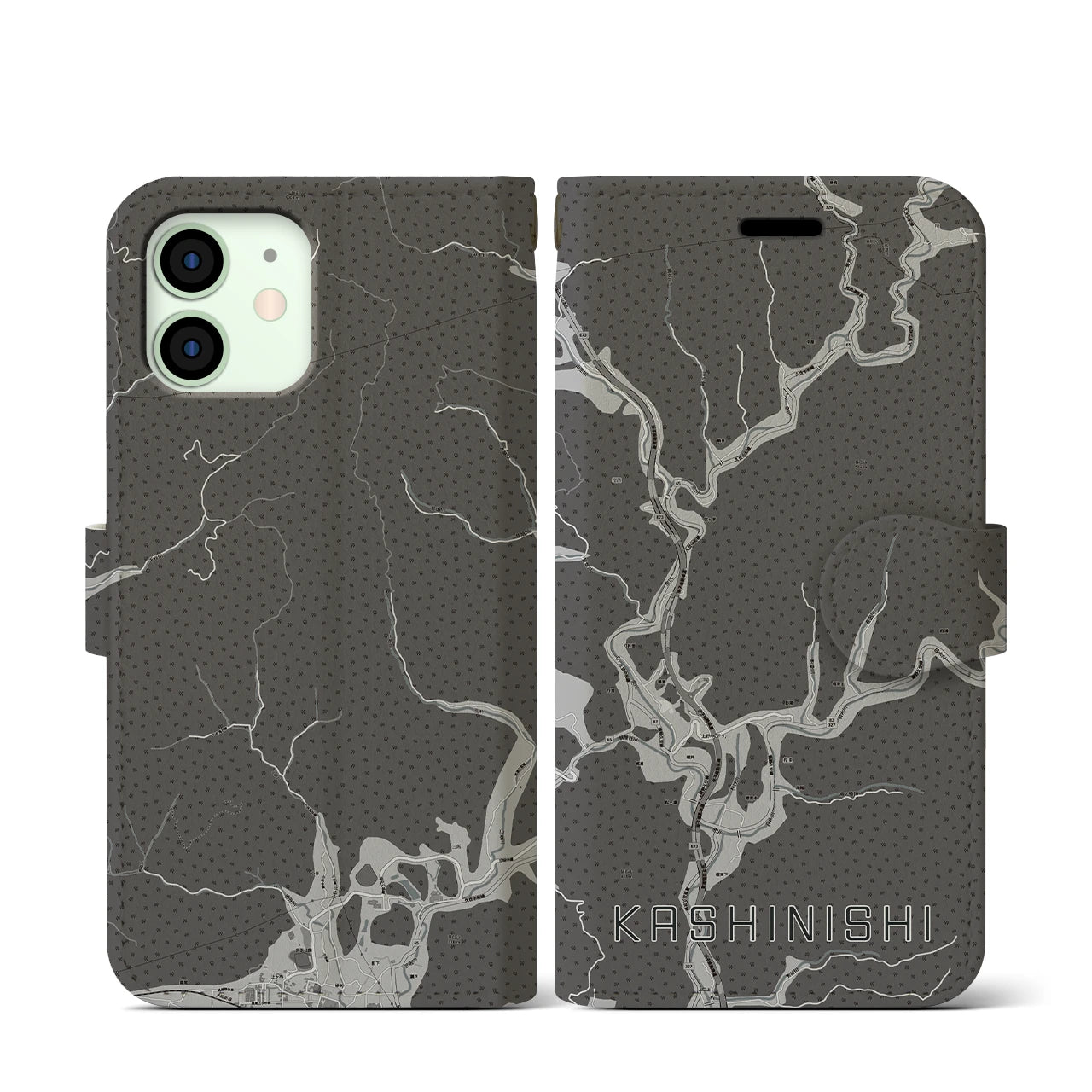 【樫西(岡山県)】地図柄iPhoneケース(手帳タイプ)モノトーン・iPhone 12 mini 用