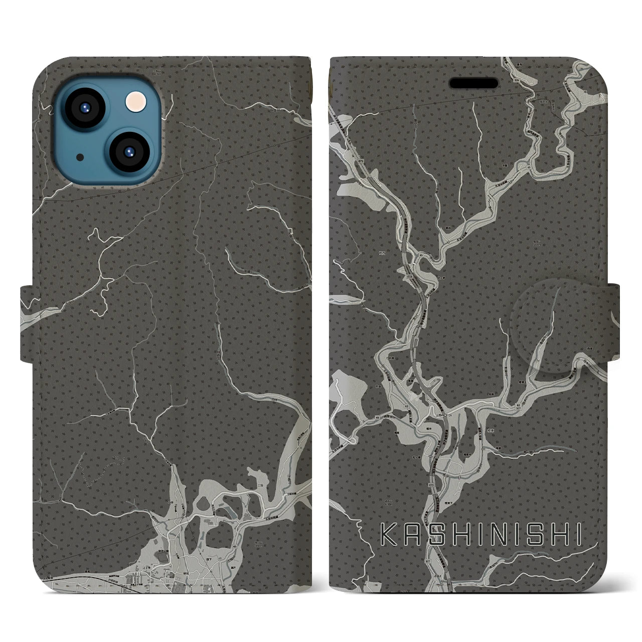 【樫西(岡山県)】地図柄iPhoneケース(手帳タイプ)モノトーン・iPhone 13 用