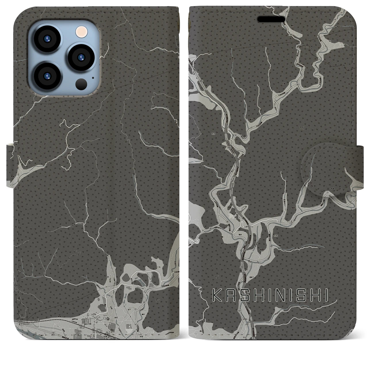 【樫西(岡山県)】地図柄iPhoneケース(手帳タイプ)モノトーン・iPhone 13 Pro Max 用