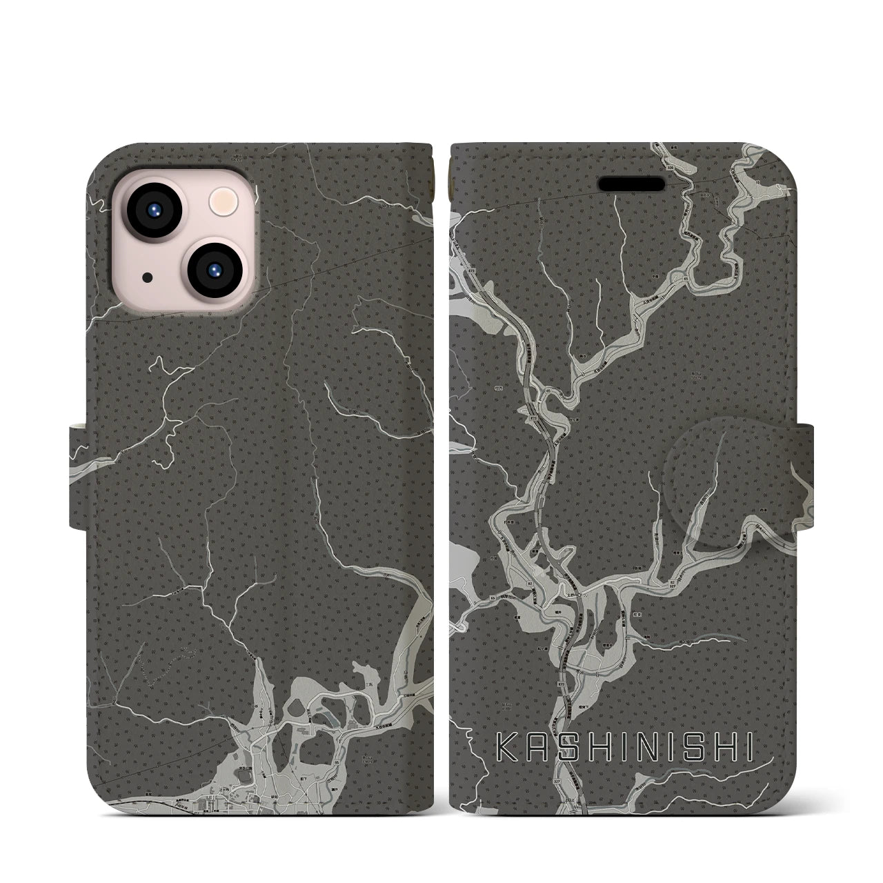 【樫西(岡山県)】地図柄iPhoneケース(手帳タイプ)モノトーン・iPhone 13 mini 用