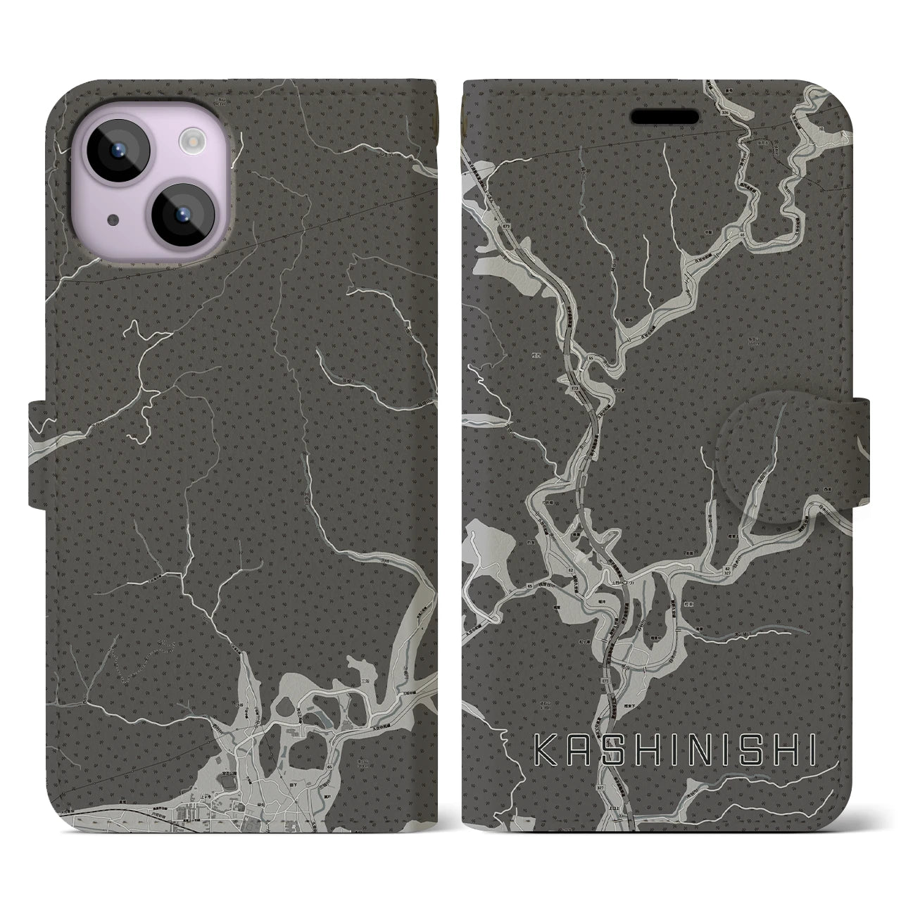 【樫西(岡山県)】地図柄iPhoneケース(手帳タイプ)モノトーン・iPhone 14 用