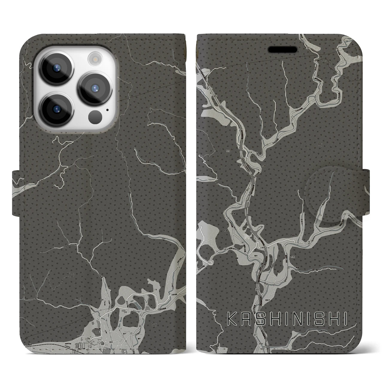 【樫西(岡山県)】地図柄iPhoneケース(手帳タイプ)モノトーン・iPhone 14 Pro 用