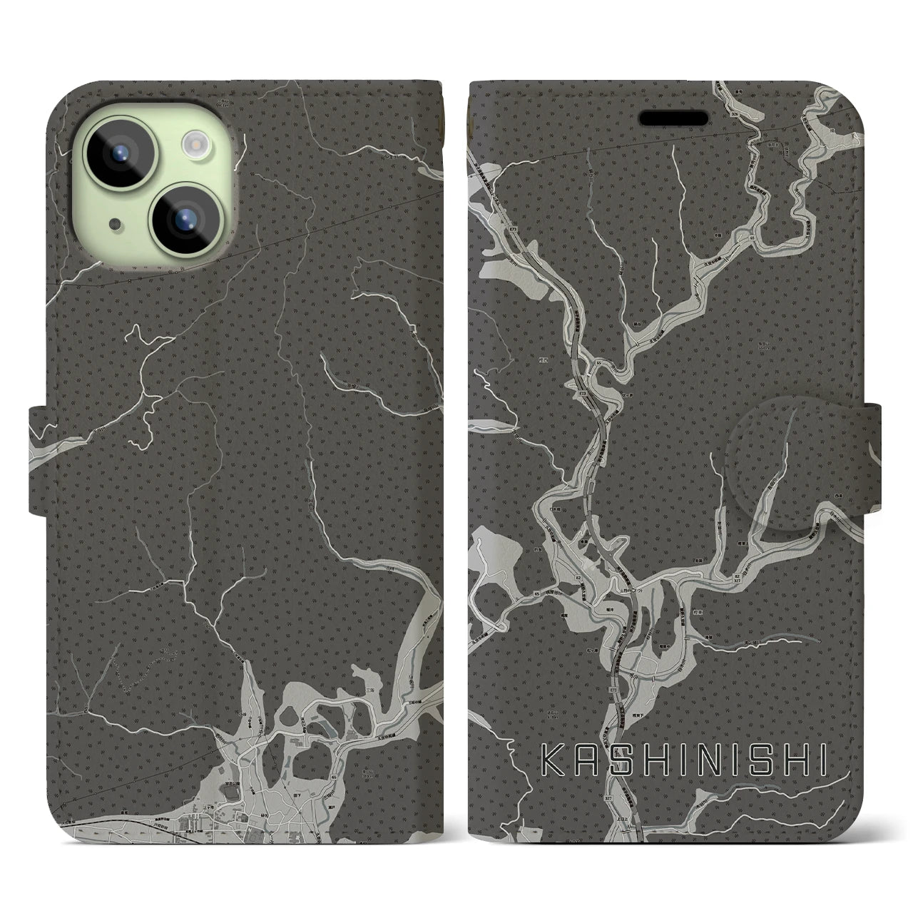 【樫西(岡山県)】地図柄iPhoneケース(手帳タイプ)モノトーン・iPhone 15 用