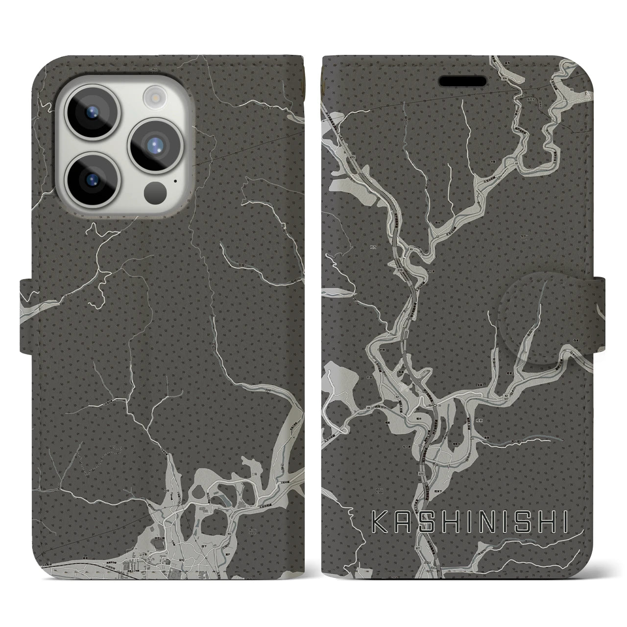【樫西(岡山県)】地図柄iPhoneケース(手帳タイプ)モノトーン・iPhone 15 Pro 用