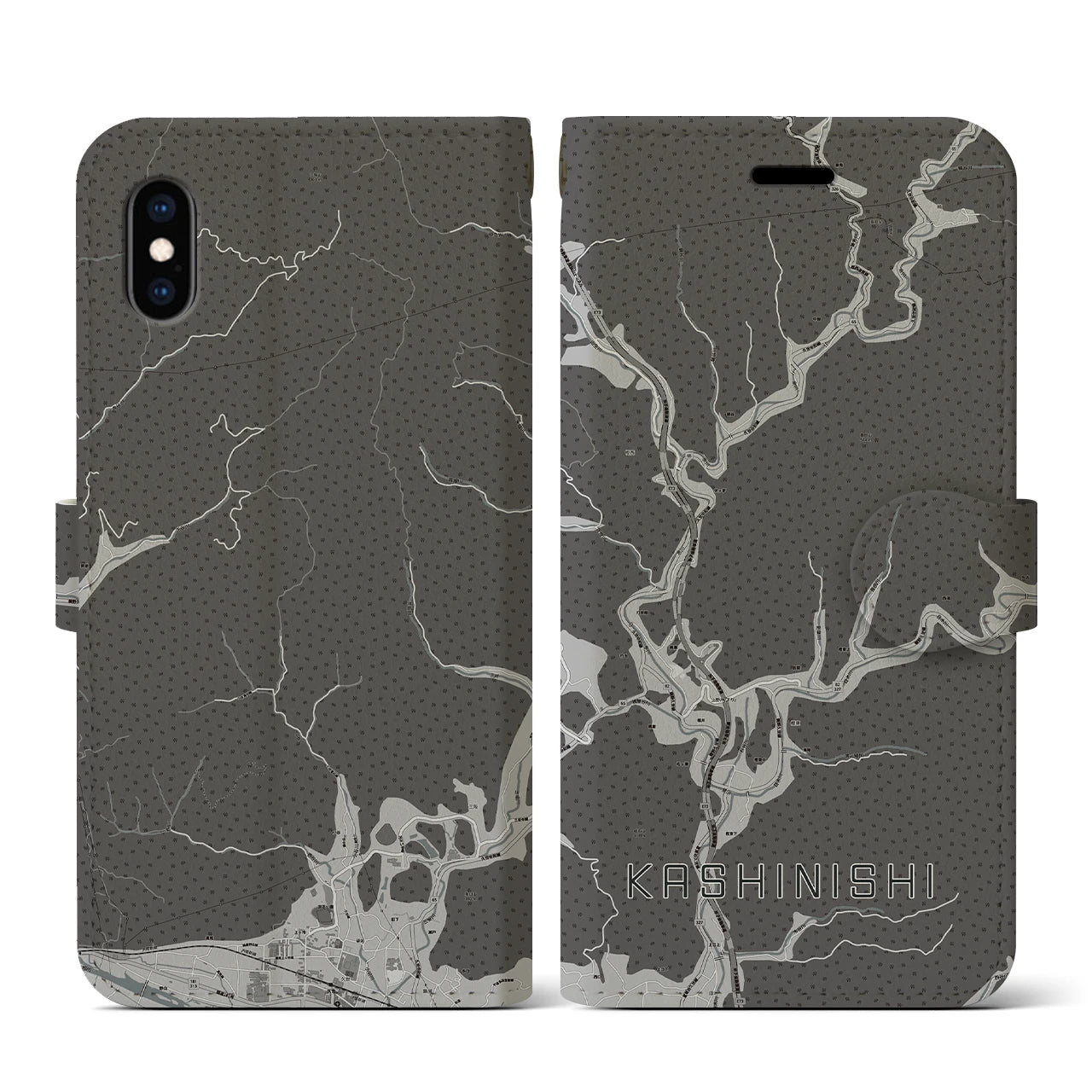 【樫西(岡山県)】地図柄iPhoneケース(手帳タイプ)モノトーン・iPhone XS / X 用