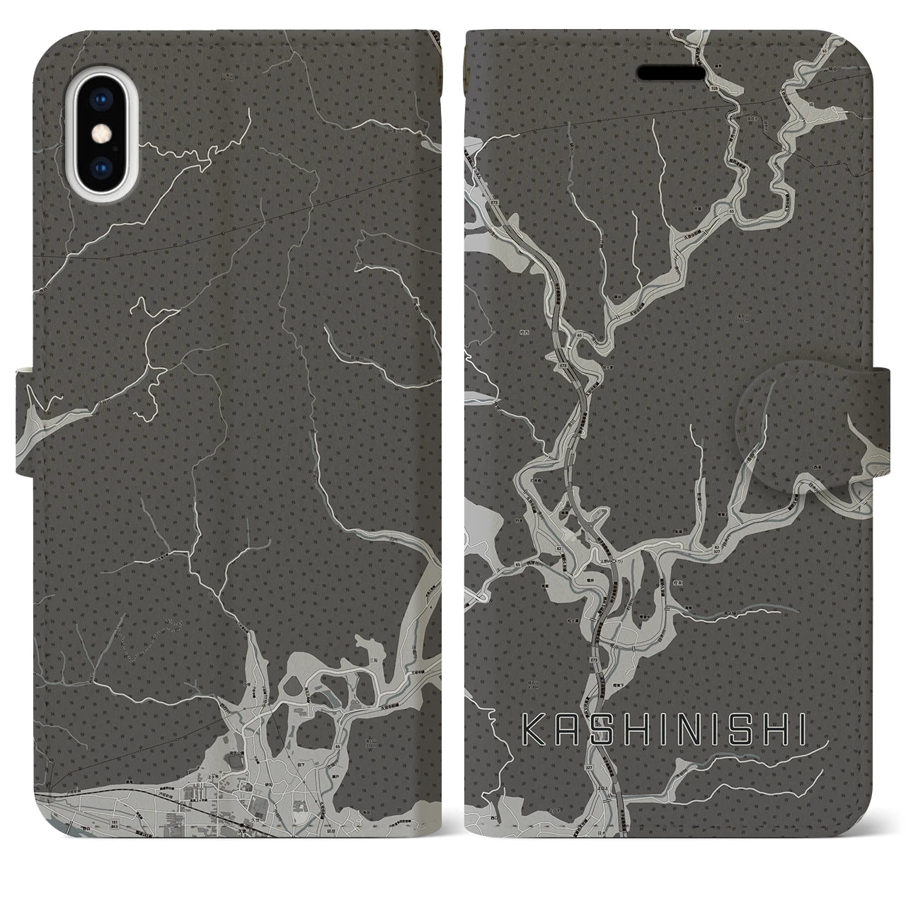 【樫西(岡山県)】地図柄iPhoneケース(手帳タイプ)モノトーン・iPhone XS Max 用