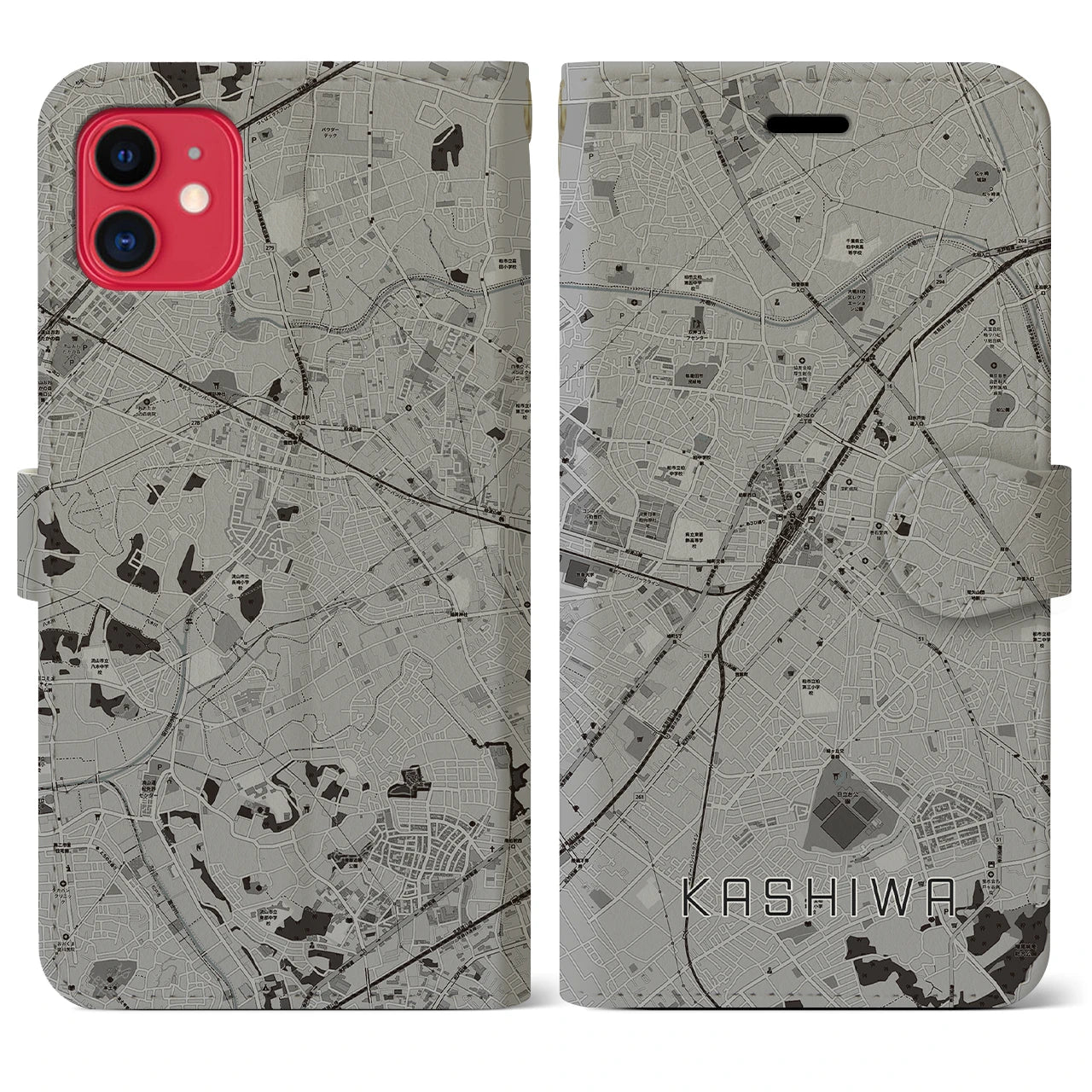 【柏(千葉県)】地図柄iPhoneケース(手帳タイプ)モノトーン・iPhone 11 用