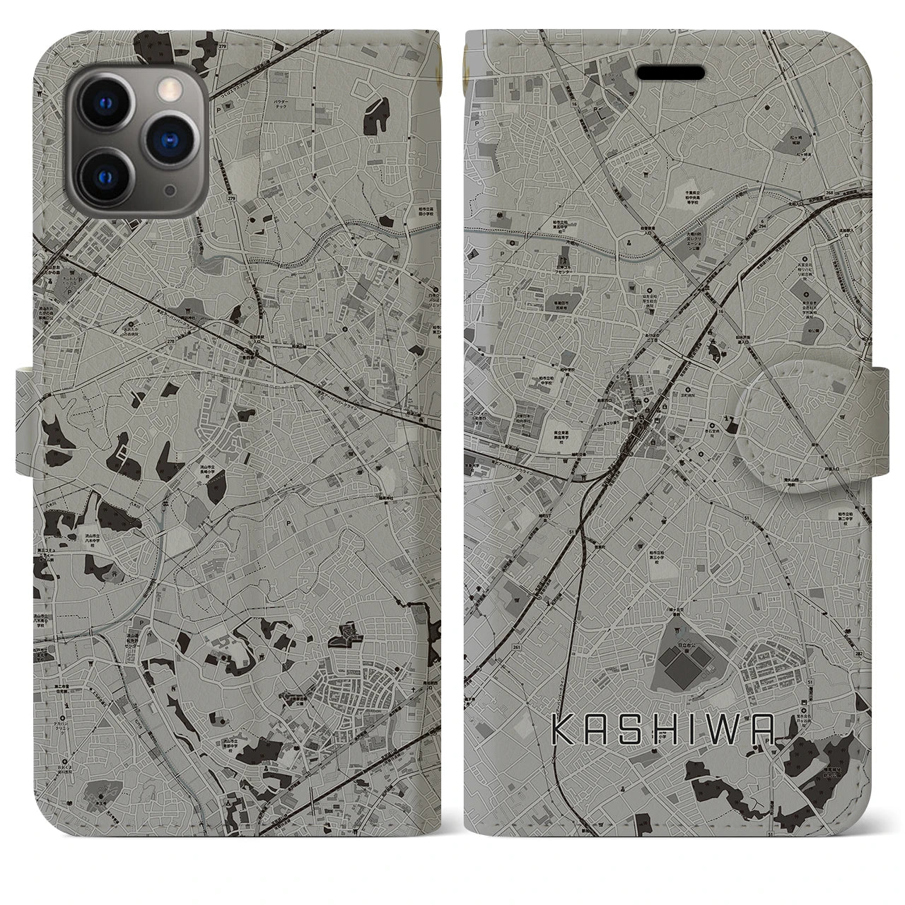 【柏(千葉県)】地図柄iPhoneケース(手帳タイプ)モノトーン・iPhone 11 Pro Max 用