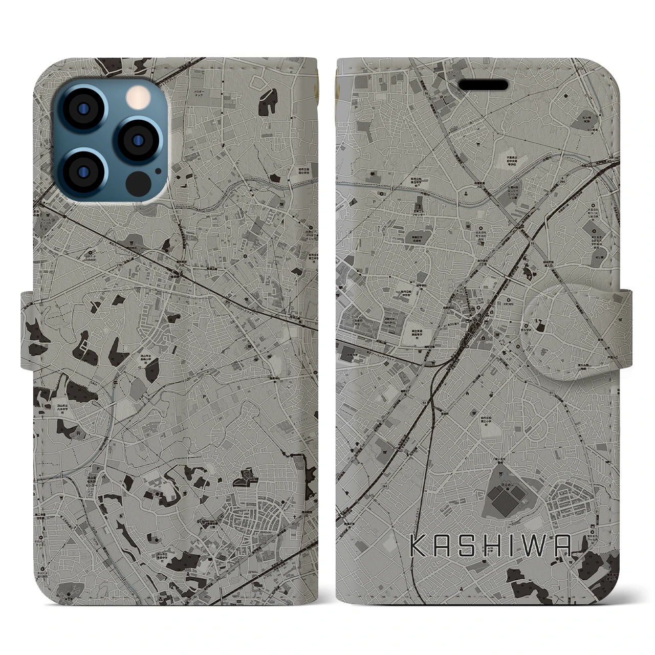 【柏(千葉県)】地図柄iPhoneケース(手帳タイプ)モノトーン・iPhone 12 / 12 Pro 用
