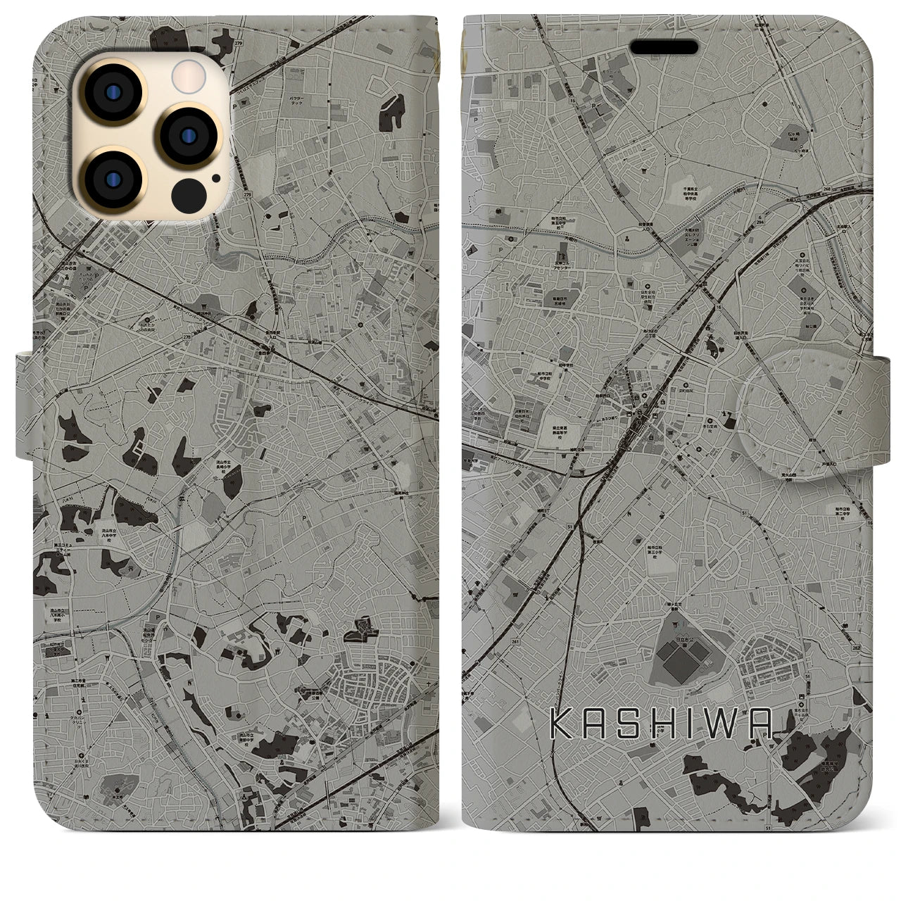 【柏(千葉県)】地図柄iPhoneケース(手帳タイプ)モノトーン・iPhone 12 Pro Max 用