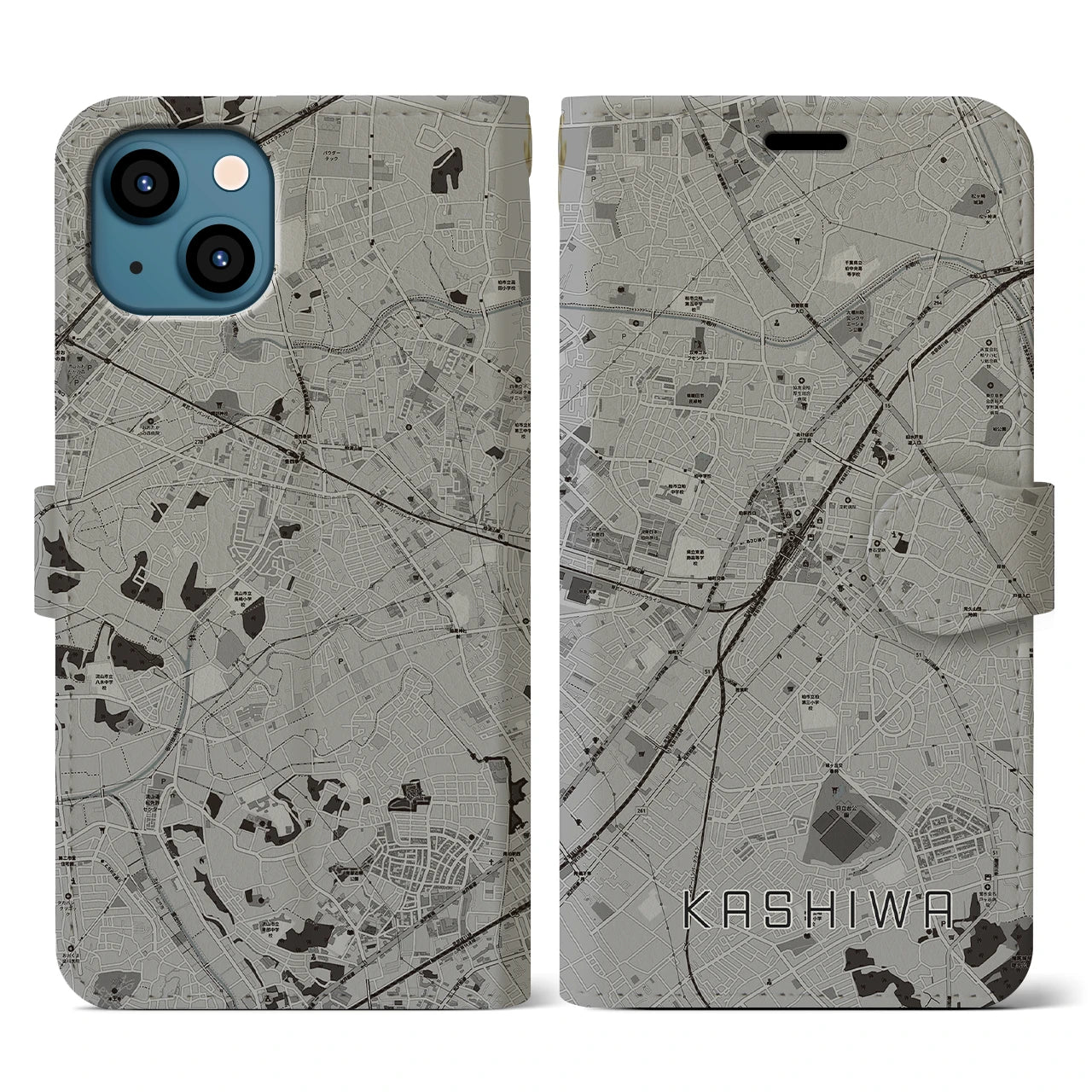 【柏(千葉県)】地図柄iPhoneケース(手帳タイプ)モノトーン・iPhone 13 用