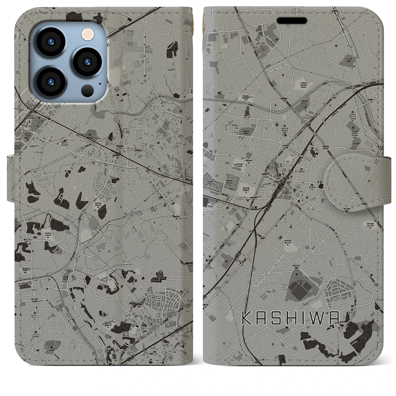 【柏(千葉県)】地図柄iPhoneケース(手帳タイプ)モノトーン・iPhone 13 Pro Max 用