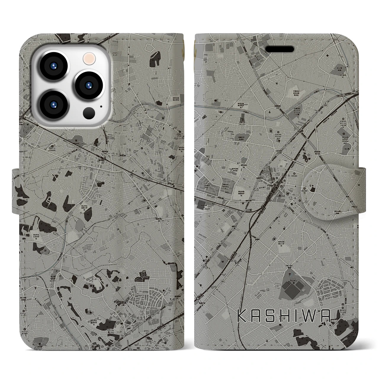 【柏(千葉県)】地図柄iPhoneケース(手帳タイプ)モノトーン・iPhone 13 Pro 用