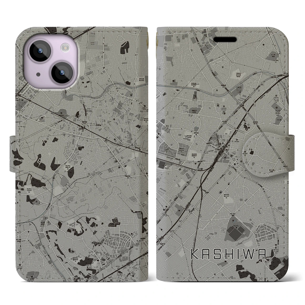 【柏(千葉県)】地図柄iPhoneケース(手帳タイプ)モノトーン・iPhone 14 用