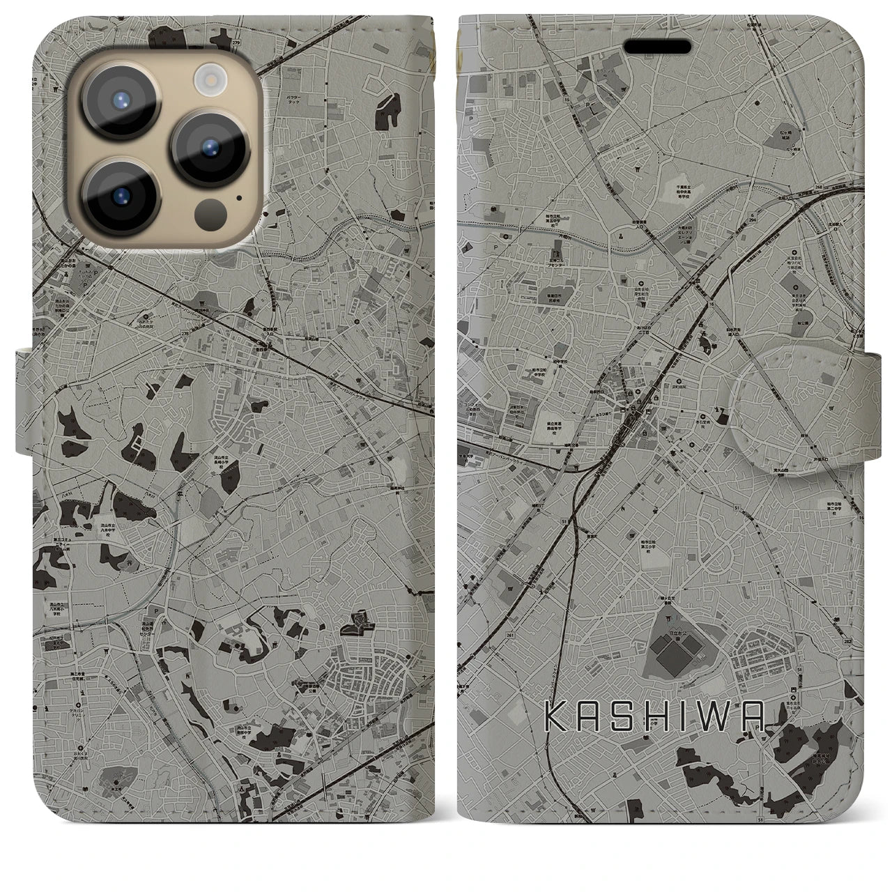 【柏(千葉県)】地図柄iPhoneケース(手帳タイプ)モノトーン・iPhone 14 Pro Max 用