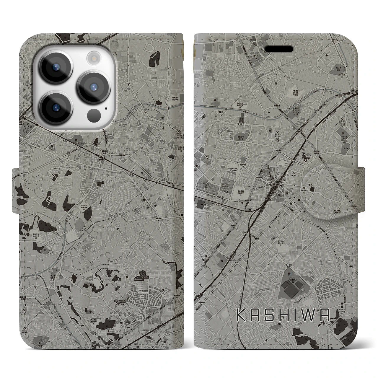 【柏(千葉県)】地図柄iPhoneケース(手帳タイプ)モノトーン・iPhone 14 Pro 用