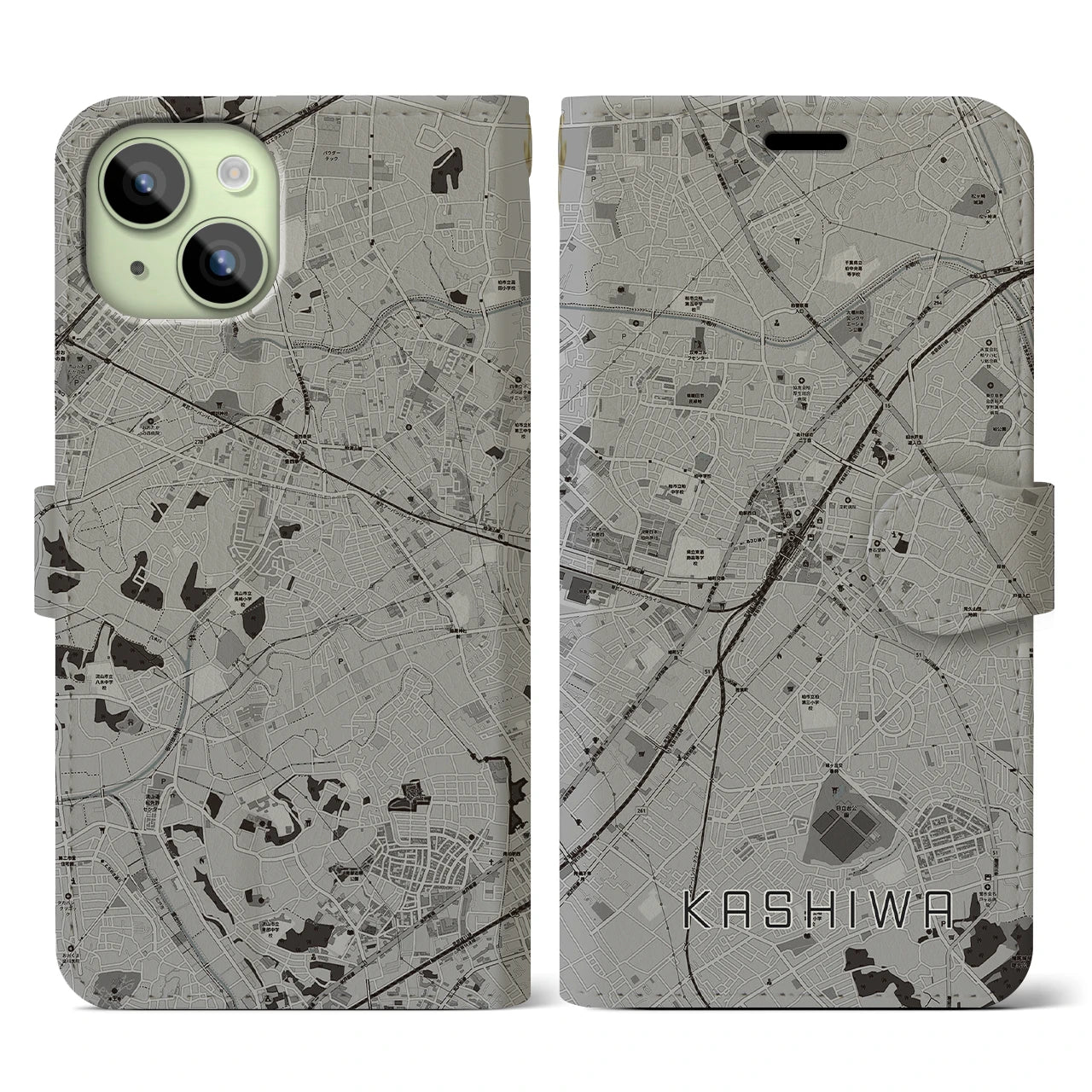 【柏(千葉県)】地図柄iPhoneケース(手帳タイプ)モノトーン・iPhone 15 用