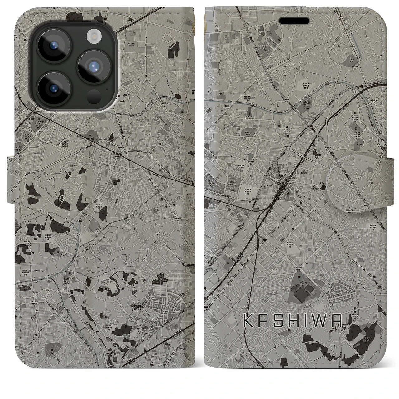【柏(千葉県)】地図柄iPhoneケース(手帳タイプ)モノトーン・iPhone 15 Pro Max 用