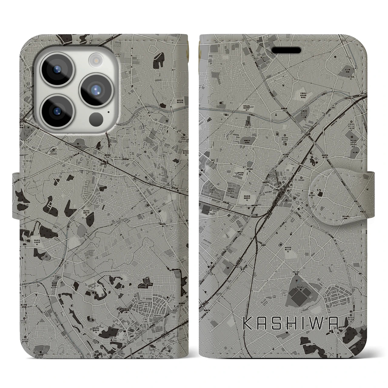 【柏(千葉県)】地図柄iPhoneケース(手帳タイプ)モノトーン・iPhone 15 Pro 用