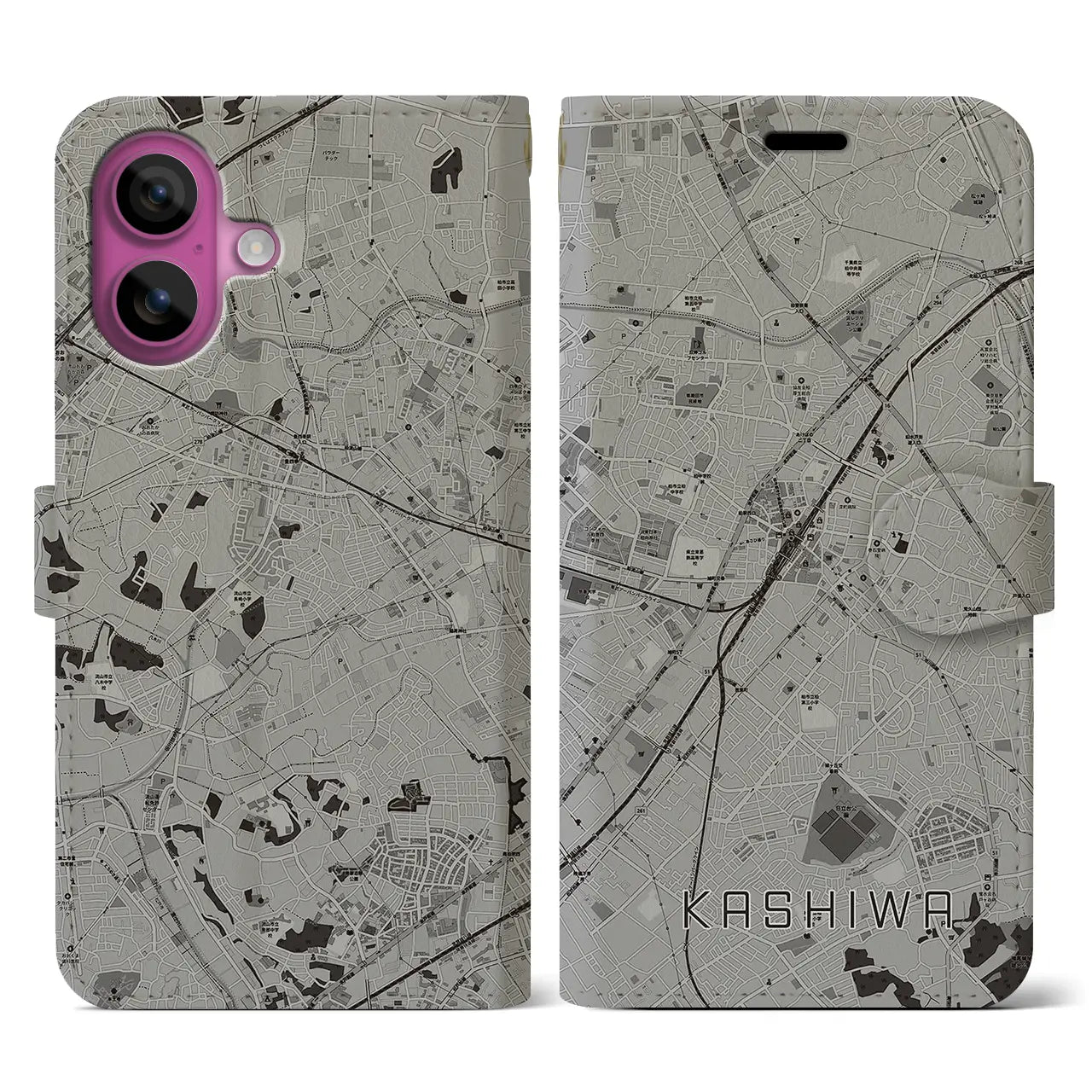 【柏(千葉県)】地図柄iPhoneケース(手帳タイプ)モノトーン・iPhone 16 Pro 用